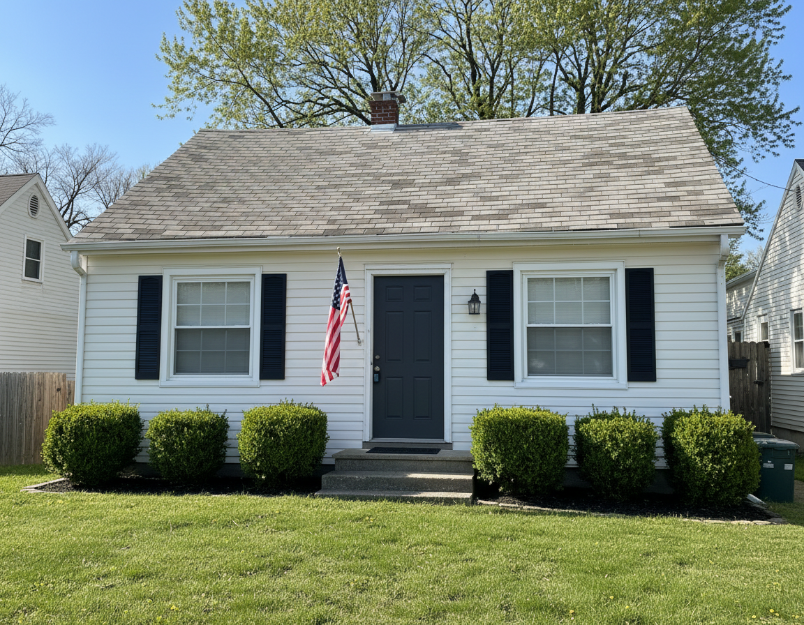 Levittown cape with crisp white insulated vinyl siding
