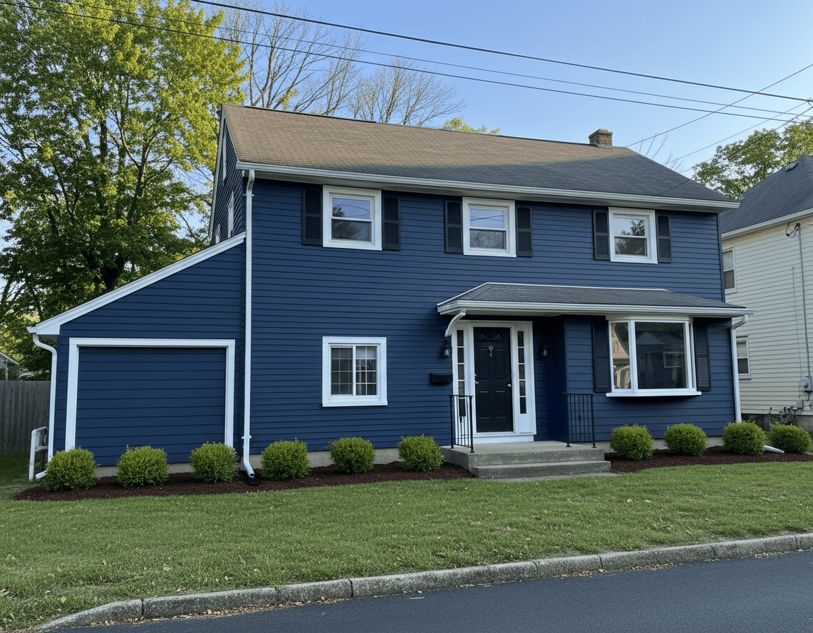 Massapequa colonial with new navy James Hardie plank siding